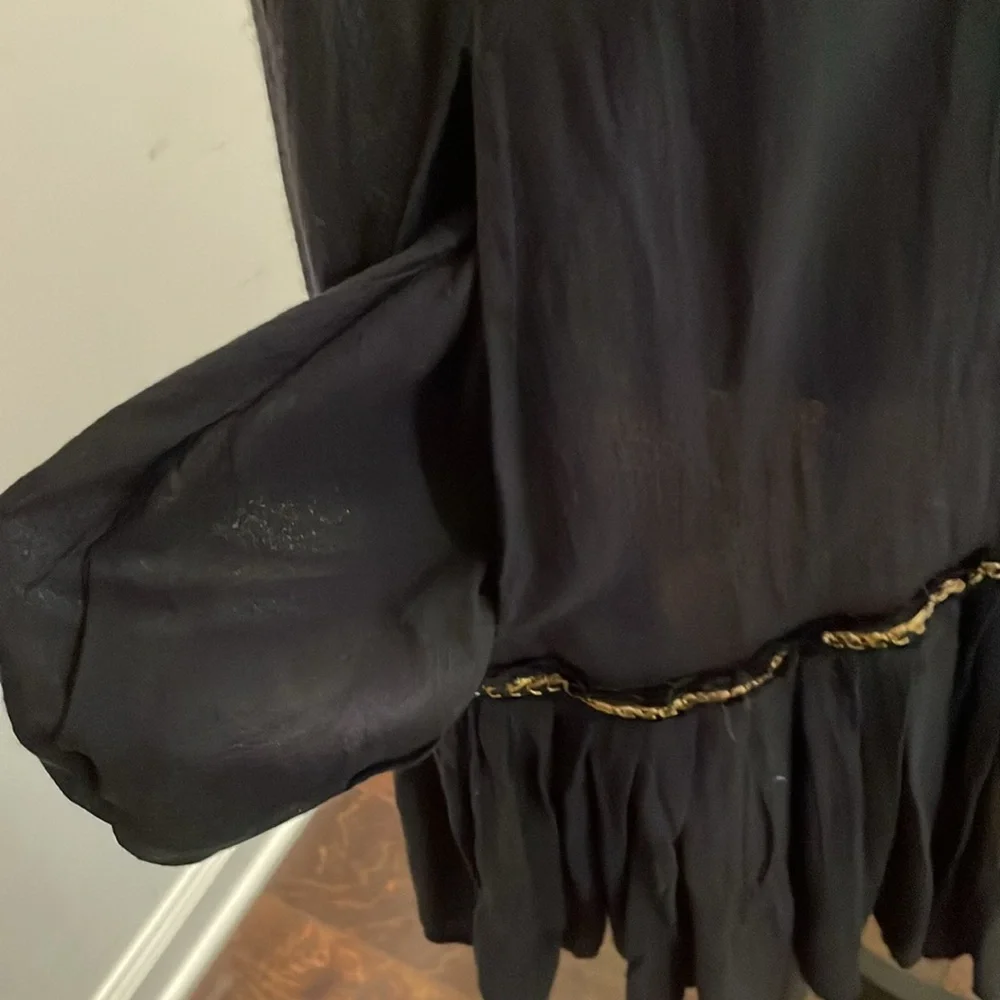 Free People Wild One Peasant Mini Dress SizeS Black Gold Embroidered Drop Waist - Picture 14 of 16